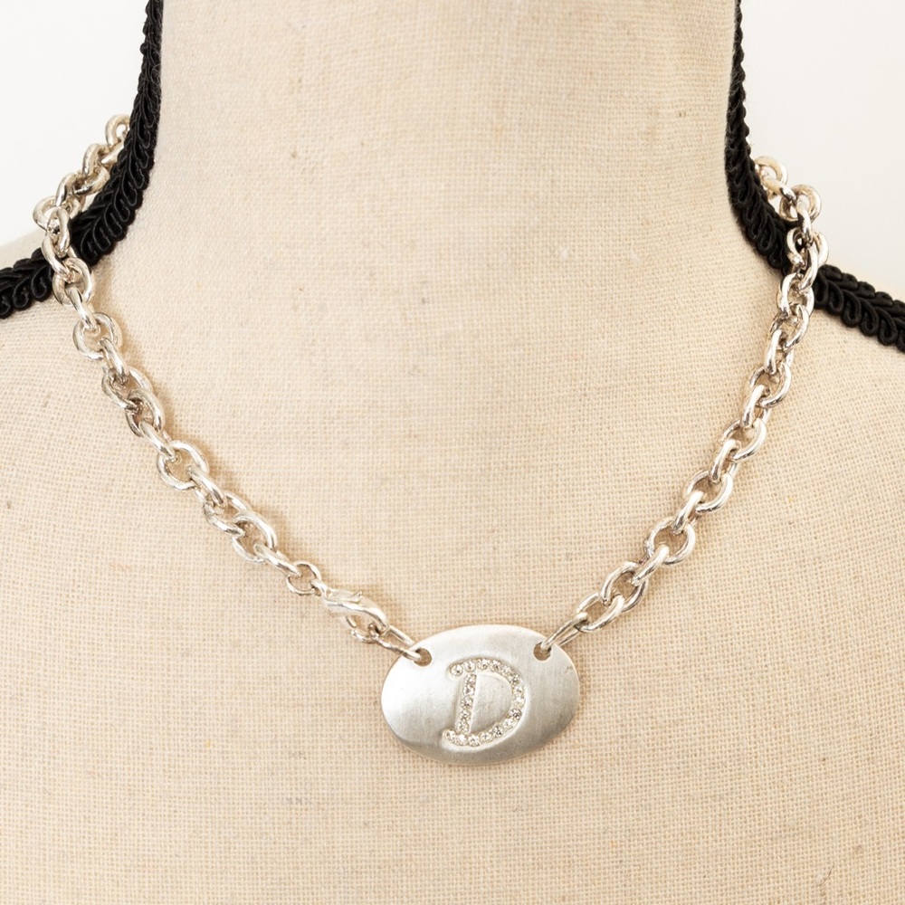 Silver tone engraved initial D choker necklace front closure & faux diamonds 15"